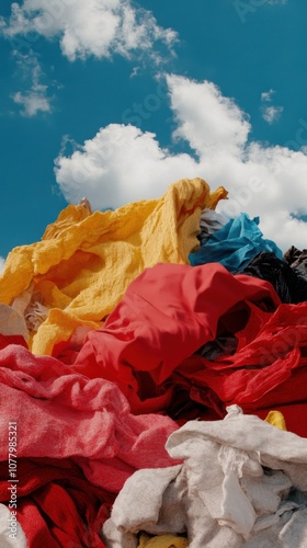 Sustainable fashion awareness: discarded colorful textiles against blue sky photo