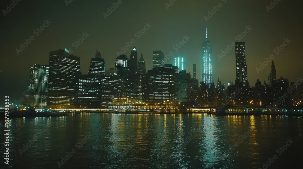 Obraz premium New York City skyline at night with illuminated skyscrapers