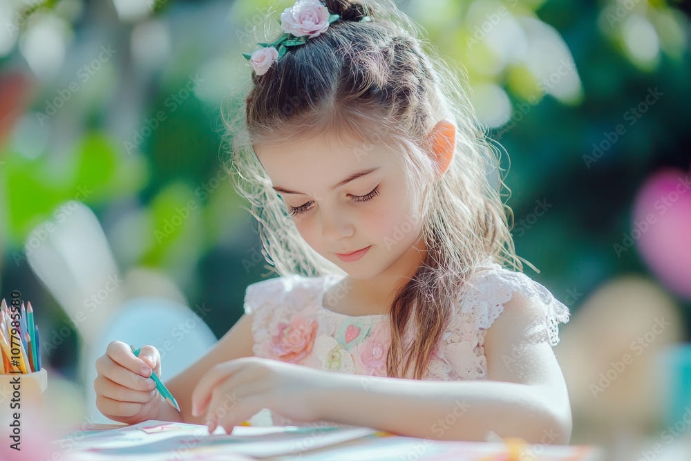 A beautiful girl creates a vibrant valentine s day card on a sunny day filled with bright colors A beautiful girl creates a vibrant valentine s day card on a sunny day filled with bright colors