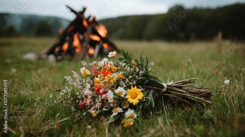 Swedish valborg celebration with floral arrangement and bonfire in the countryside photo