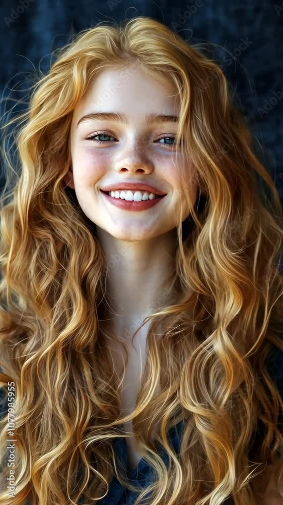 A young woman with long, wavy blonde hair smiles brightly at the camera A young woman with long, wavy blonde hair smiles brightly at the camera