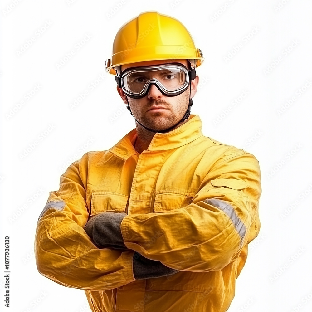 profession, construction and building - male worker or builder in yellow helmet and goggles with crossed arms over white background profession, construction and building - male worker or builder in yellow helmet and goggles with crossed arms over white background