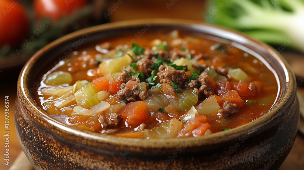 Hearty vegetable and beef stew served in a rustic wooden bowl, garnished with fresh parsley and surrounded by vibrant tomatoes. Hearty vegetable and beef stew served in a rustic wooden bowl, garnished with fresh parsley and surrounded by vibrant tomatoes.