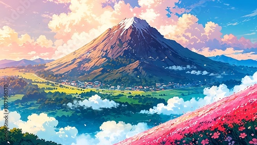 Big mountain with background of sunset sky and green grass meadow anime style photo