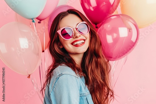 Joyful valentine s day celebration  beauty girl with colorful balloons against a pink backdrop photo