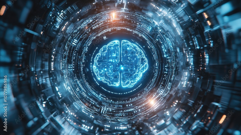A glowing blue brain icon sits in the center of a swirling, digital tunnel, representing the concept of artificial intelligence. A glowing blue brain icon sits in the center of a swirling, digital tunnel, representing the concept of artificial intelligence.