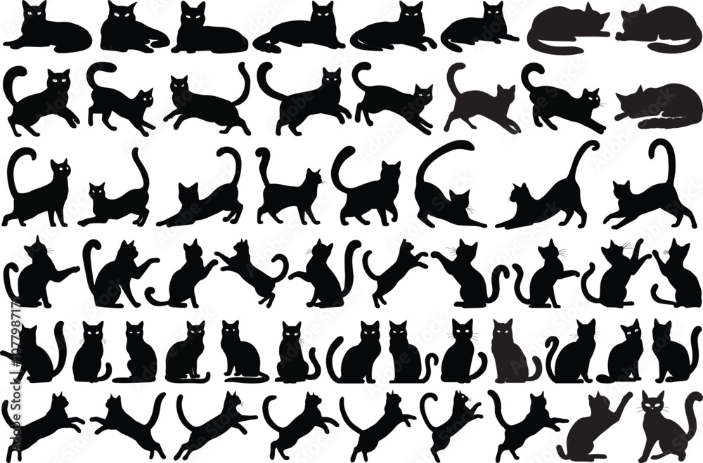 Naklejka premium Black cat silhouettes set vector illustrations