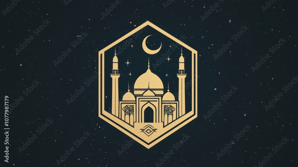 Fototapeta premium Golden Mosque Silhouette with Crescent Moon and Stars on a Dark Background