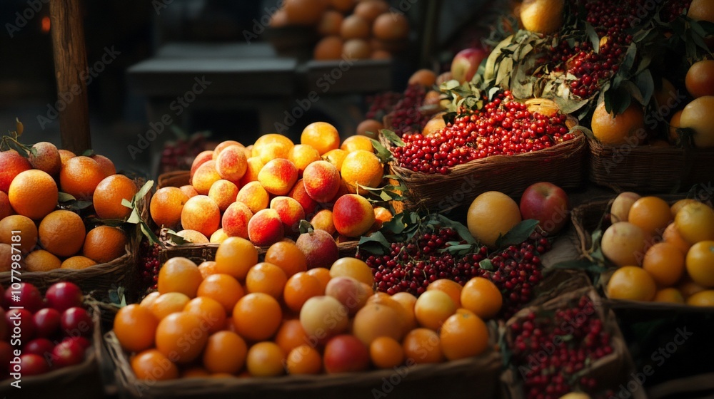 A variety of fresh fruits, including peaches, oranges, and apples, are displayed in baskets at a farmers market. A variety of fresh fruits, including peaches, oranges, and apples, are displayed in baskets at a farmers market.