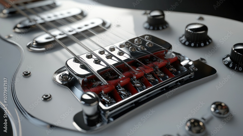 Detailed photorealistic rendering of a guitars bridge pickup, showing the components like coil windings, magnet placement, and pole pieces Detailed photorealistic rendering of a guitars bridge pickup, showing the components like coil windings, magnet placement, and pole pieces