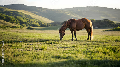 A horse grazing in a wide-open pasture