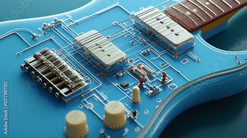 Detailed photorealistic rendering of a guitar's electric circuit, showing the wiring, pots, and output jack in a precise blueprint format