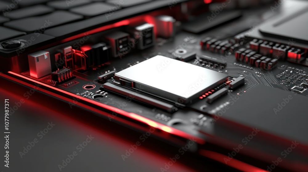 Detailed photorealistic rendering of a laptops SSD drive slot, showcasing the interface, connectors, and mounting system Detailed photorealistic rendering of a laptops SSD drive slot, showcasing the interface, connectors, and mounting system