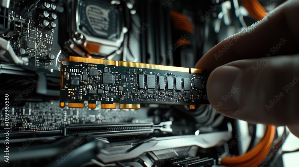 Close-Up of a Hand Inserting a RAM Module into a Modern Computer Motherboard with Orange Cables and High-Tech Components Highlighting Computer Hardware Assembly Close-Up of a Hand Inserting a RAM Module into a Modern Computer Motherboard with Orange Cables and High-Tech Components Highlighting Computer Hardware Assembly