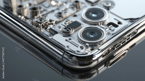 Detailed photorealistic rendering of a phones power button and volume controls, with close-up shots of mechanical parts and connectors