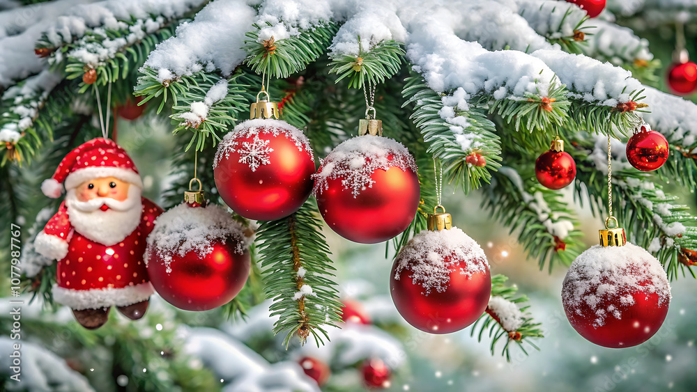 Naklejka premium A vibrant holiday scene featuring red baubles hanging from lush evergreen branches dusted with fresh snow. The background is a soft, wintry blur with glowing lights, creating a magical Christmas atmos
