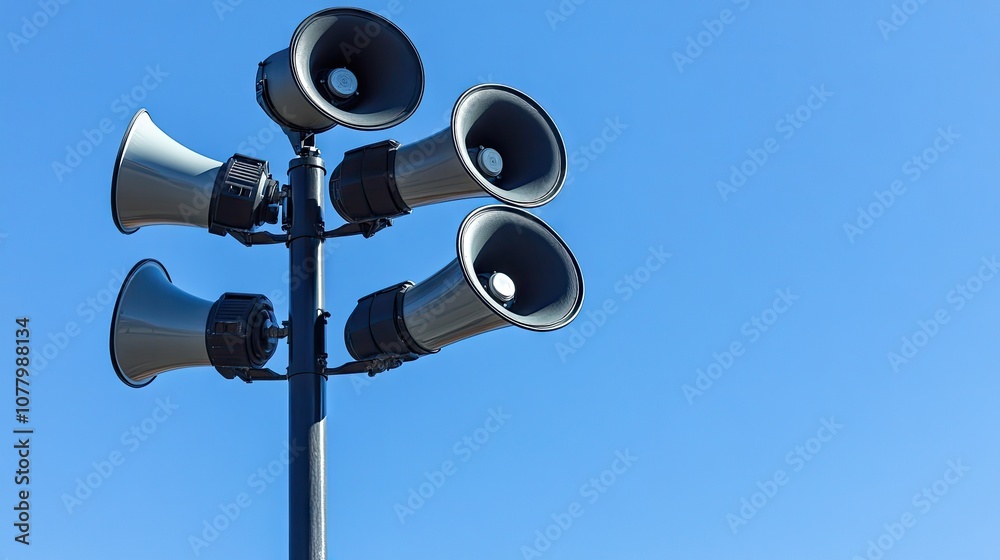 Large Array of Outdoor Megaphones on a Pole Against a Clear Blue Sky, Ideal for Public Address Systems and Emergency Notifications in Urban Settings Large Array of Outdoor Megaphones on a Pole Against a Clear Blue Sky, Ideal for Public Address Systems and Emergency Notifications in Urban Settings
