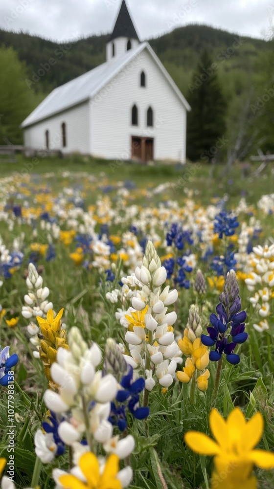 Tranquil church surrounded by vibrant spring wildflowers in a serene landscape