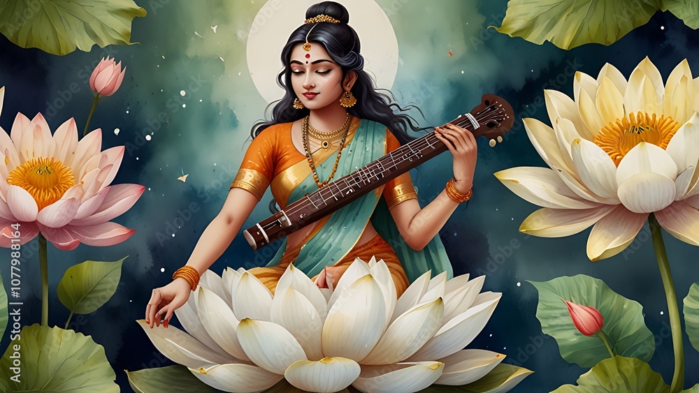 Illustration of the goddess sarasvati for vasant panchami in cartoon style.