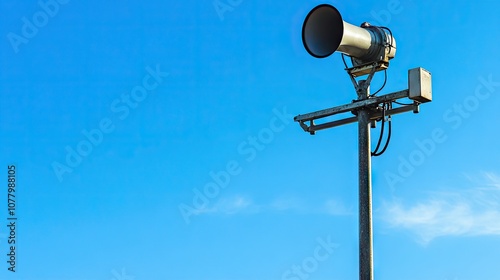 Large outdoor speaker mounted on a tall pole against a clear blue sky with a few wispy clouds, showcasing modern audio technology in a natural setting.