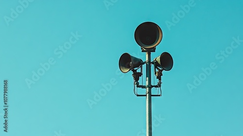 Three large speakers mounted on a tall metal pole against a clear blue sky, providing sound amplification in an outdoor environment. photo