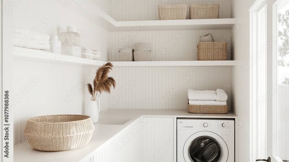 Bright and Modern Laundry Room with White Shelving, Woven Baskets, and Fresh Towels in a Stylish and Organized Space Bright and Modern Laundry Room with White Shelving, Woven Baskets, and Fresh Towels in a Stylish and Organized Space
