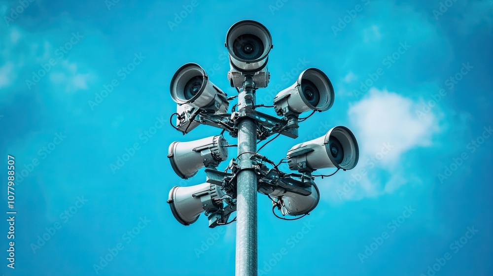 Tower with multiple surveillance cameras against a bright blue sky, showcasing modern security technology and monitoring capabilities for urban environments Tower with multiple surveillance cameras against a bright blue sky, showcasing modern security technology and monitoring capabilities for urban environments