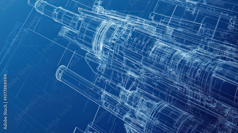 Photorealistic blueprint of a battleships turret, showcasing the cannon assembly, recoil system, and rotating mechanism in intricate detail Photorealistic blueprint of a battleships turret, showcasing the cannon assembly, recoil system, and rotating mechanism in intricate detail