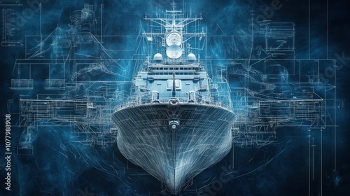 Photorealistic blueprint of a battleships radar and communication system, showing the array, transmitter, and antenna in technical detail