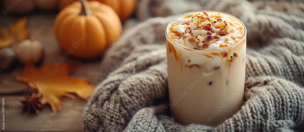 Pumpkin Spice Latte with Whipped Cream and Caramel Drizzle on a Wooden Table with Knit Blanket and Pumpkins.