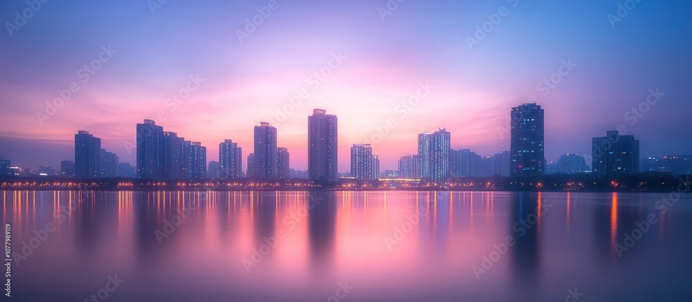 Fototapeta premium City skyline reflected in calm water at sunrise.