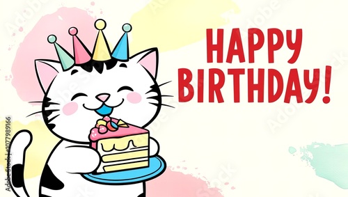 Happy Birthday Cat Illustration: A cute and colorful illustration of a cat wearing a birthday hat and eating cake. 1