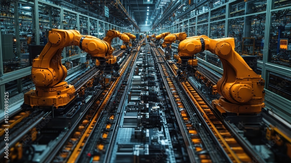 Automated robotic arms working on an assembly line in a factory. Automated robotic arms working on an assembly line in a factory.