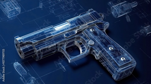 Photorealistic blueprint of a handgun slide and recoil spring assembly, highlighting mechanical parts in an intricate, technical style