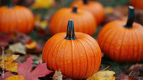 Close-up of pumpkins and autumn leaves, showcasing the beauty of the fall season in the background photo