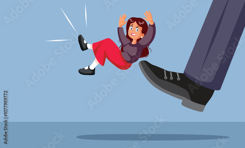 Male Boss Kicking out Female Employee Vector Cartoon Illustration. Bad evil manager letting go of his worker based on gender discrimination
