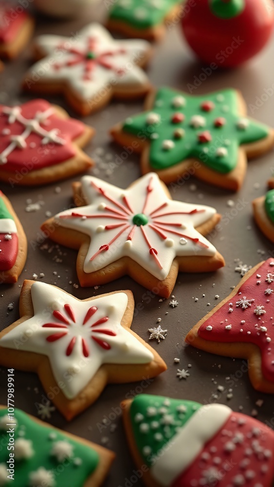 Christmas sugar cookies with intricate frosting designs in red, white, and green, sprinkled with sparkling sugar crystals Christmas sugar cookies with intricate frosting designs in red, white, and green, sprinkled with sparkling sugar crystals