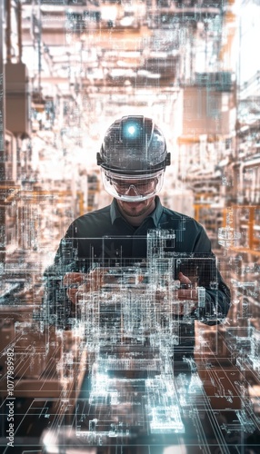 Engineer with helmet and tablet overseeing digital twin hologram of industrial factory design photo