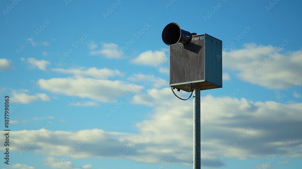 Weather Station Sensor Monitoring Atmospheric Conditions with a Loudspeaker Under Blue Sky and Fluffy Clouds in Daylight Setting Weather Station Sensor Monitoring Atmospheric Conditions with a Loudspeaker Under Blue Sky and Fluffy Clouds in Daylight Setting