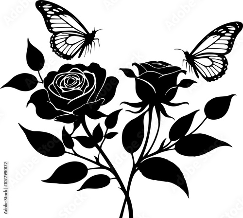 Adobe IllustraBlack and white illustration, roses with thorns, detailed butterfly silhouettes, botanical art, elegant floral design.