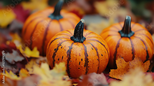 Close-up of pumpkins and autumn leaves, showcasing the beauty of the fall season in the background photo