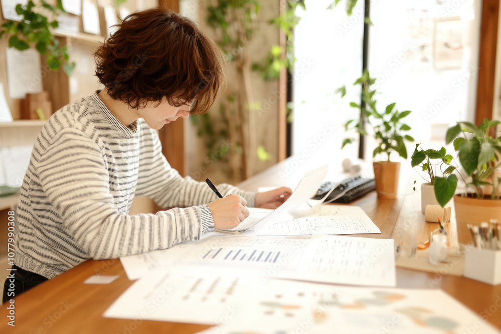 business professional is focused on reviewing documents at wooden desk surrounded by plants. atmosphere is calm and productive, enhancing concentration business professional is focused on reviewing documents at wooden desk surrounded by plants. atmosphere is calm and productive, enhancing concentration