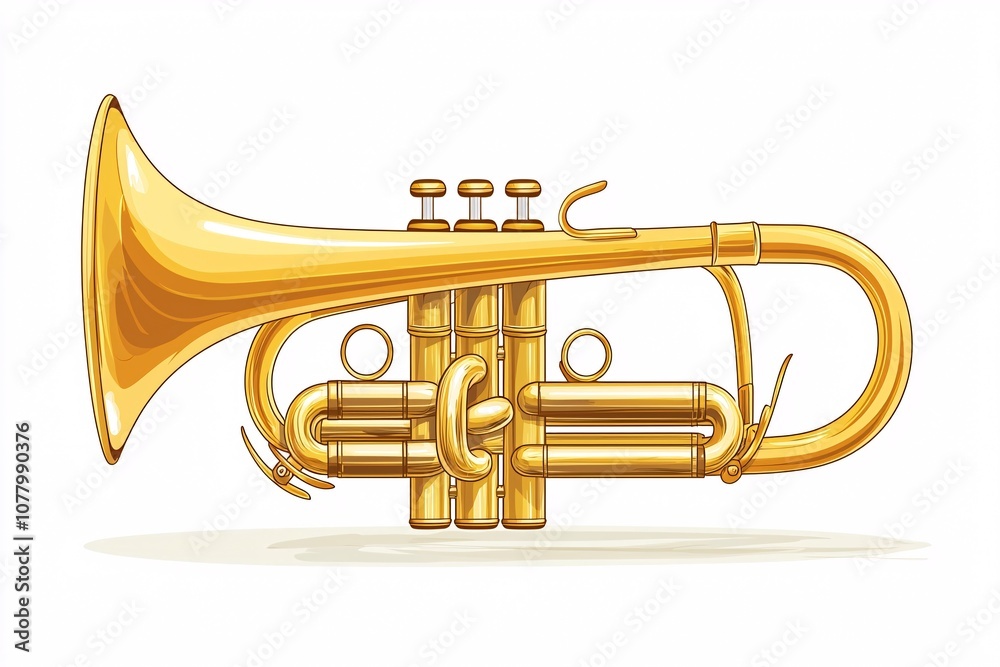 Fototapeta premium Brass cornet illustration showcasing a detailed front view, isolated on a white background for graphic applications.