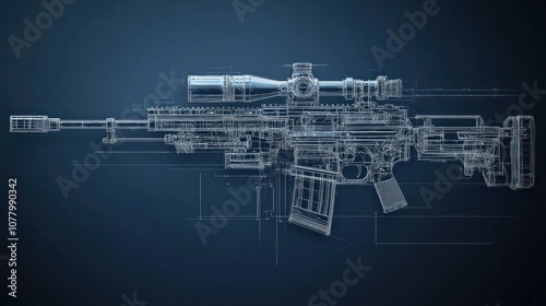 Photorealistic blueprint of a machine guns gas-operated mechanism, highlighting the gas block, piston, and bolt carrier