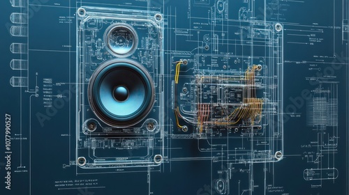 Photorealistic blueprint of a phones speaker system, detailing the speaker driver, magnets, and internal wiring with clear annotations