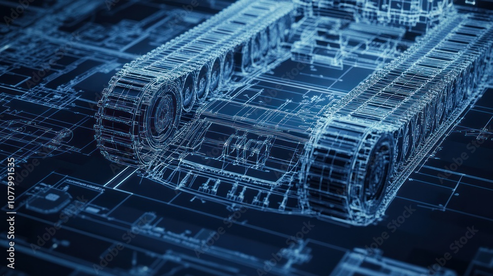 Photorealistic blueprint of a tanks track system, showcasing each segment in intricate detail with technical annotations and measurements Photorealistic blueprint of a tanks track system, showcasing each segment in intricate detail with technical annotations and measurements