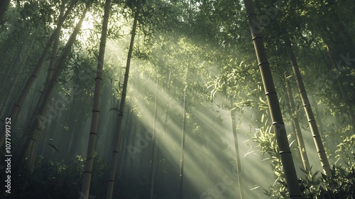 Sunbeams pierce through a dense bamboo forest, illuminating the mist and creating a mystical atmosphere.