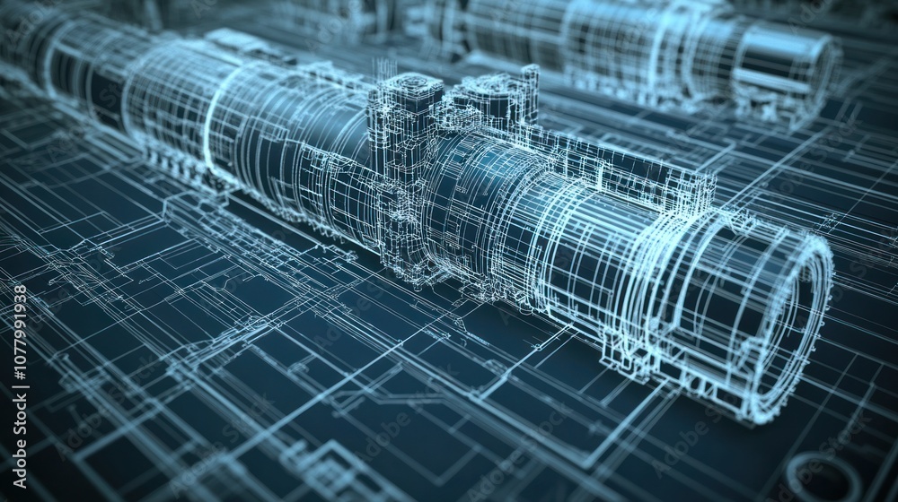 Obraz premium Photorealistic close-up of tank engine parts and exhaust systems, with intricate details of components, rendered in technical blueprint style