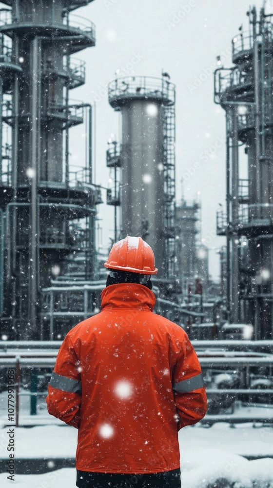 Fototapeta premium Worker in orange jacket at industrial plant