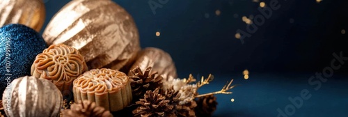 Vietnamese tết trung thu mid-autumn festive arrangement with mooncakes and decorations